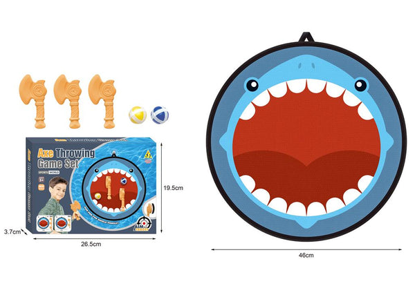 Shark-themed throwing game set with packaging, toy pieces, and measurements on a white background.